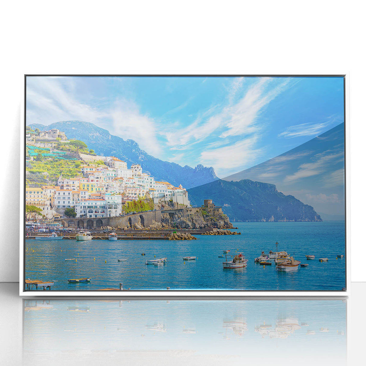 Framed acrylic print of Amalfi Coast with vivid blue and white tones, ideal for modern art wall decor.