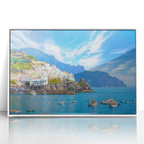 Framed acrylic print of Amalfi Coast with vivid blue and white tones, ideal for modern art wall decor.