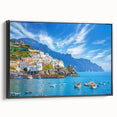 Black and white framed canvas of Amalfi Coast landscape, ideal for bedroom wall art in a vintage poster style.