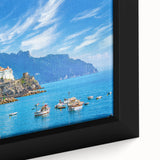 Black wall art featuring a textured depiction of the Amalfi Coast in vibrant colors on a framed canvas.