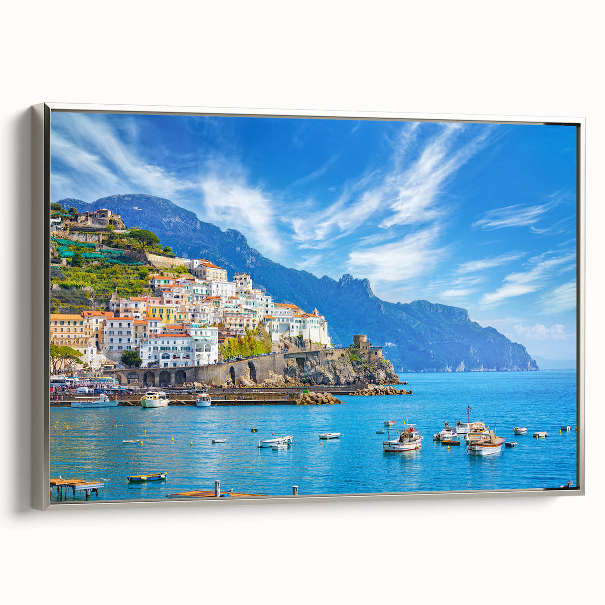 Framed canvas of a vintage Amalfi Coast landscape painting, featuring vibrant colors and a black frame.