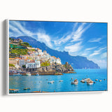 Vintage poster art of Amalfi Coast with vivid colors on framed canvas, ideal for living room decor.