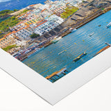 Art deco poster of the Amalfi Coast with vibrant blue and terracotta hues, ideal for dining room wall art.