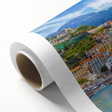 Art deco poster of Amalfi Coast with vibrant blue and white tones on rolled canvas, suited for dining room wall art.