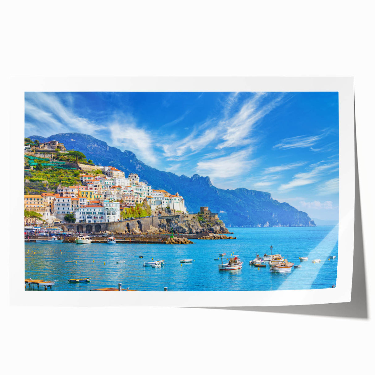 Extra large rolled print of Amalfi Coast with vivid blue and white tones, ideal for art wall dining room.