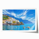 Extra large rolled print of Amalfi Coast with vivid blue and white tones, ideal for art wall dining room.