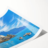 Extra large wall art of Amalfi Coast with vibrant hues in a rolled print format, ideal for large living room decor.