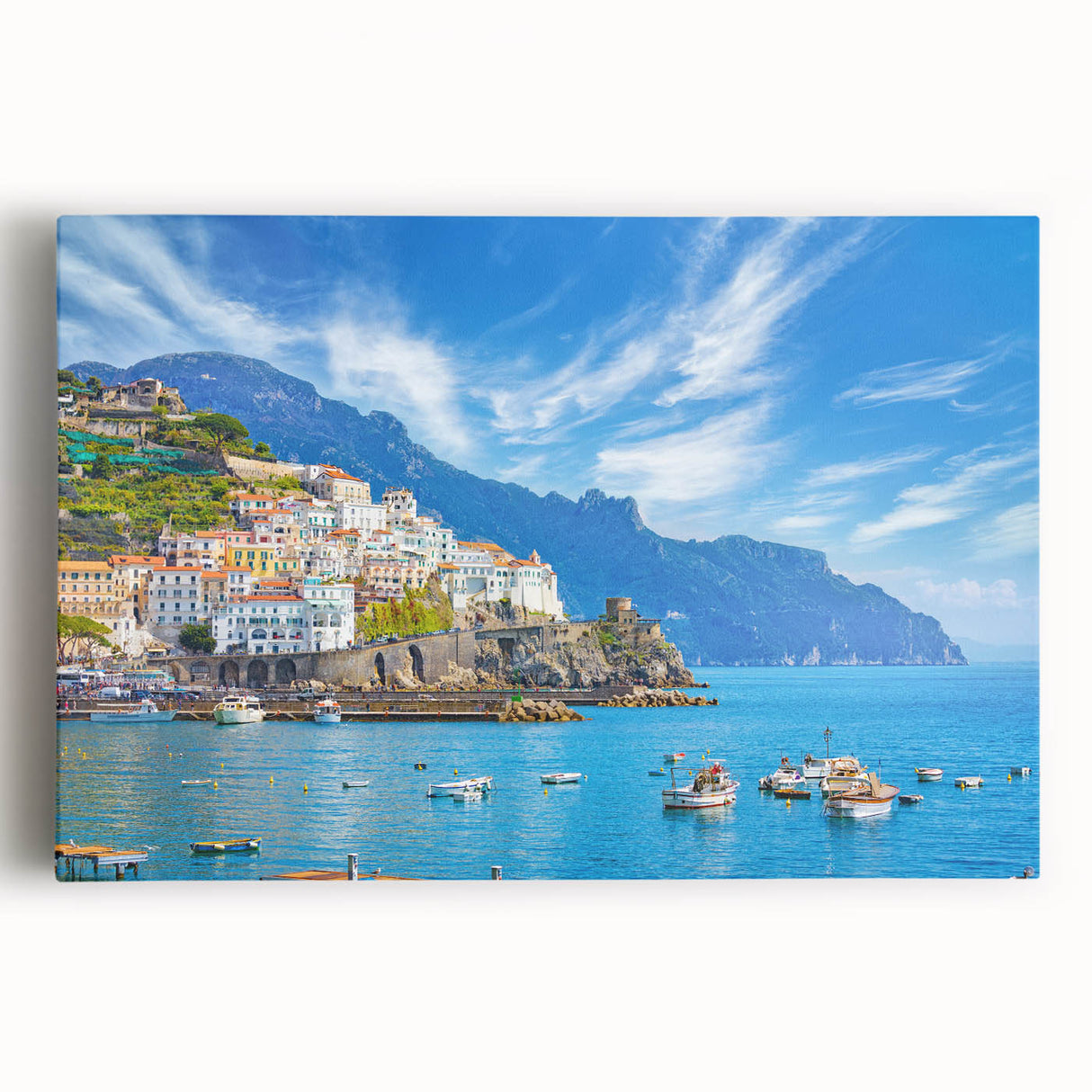 Black and white stretched canvas of the Amalfi Coast, ideal for kitchen wall art or bedroom ambiance.