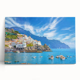 Black and white stretched canvas of the Amalfi Coast, ideal for kitchen wall art.