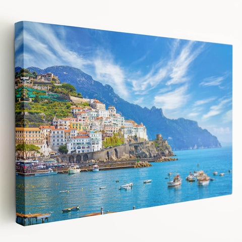 Amalfi Coast landscape on stretched canvas, featuring vivid blue and white tones, ideal for kitchen wall art.
