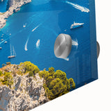 Large abstract wall art depicting the Capri coastline in muted blue and green tones on acrylic glass.