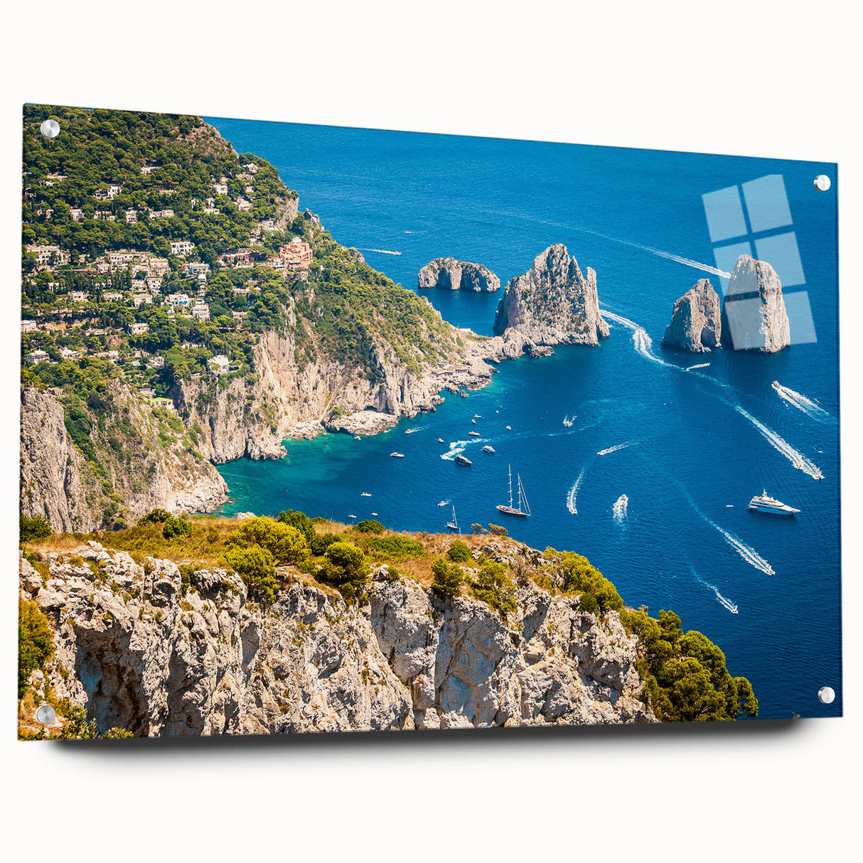 Acrylic print of a large abstract representation of Capri, Italy, in vibrant blue and green tones.