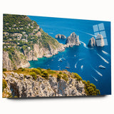 Large abstract depiction of Capri, Italy in muted blue and green tones on acrylic glass.