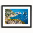 Abstract art print of Capri, Italy in vibrant colors on a large textured canvas, ideal for living room decor.