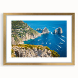 Abstract art print of Capri, Italy, in gold frame, with vibrant blue and green hues, ideal for dining room decor.