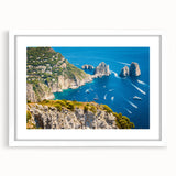Textured abstract art print of Capri coastline in muted blue and white tones on a framed canvas.