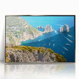 Mid-century modernist acrylic print of the Capri coastline in muted blue and silver tones, ideal for modern art wall decor.