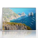 Mid-century modernist art depicting the Capri landscape in muted blue and white tones on a framed acrylic.