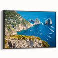 Black and white framed canvas of a vintage Capri landscape, ideal for bedroom wall art.
