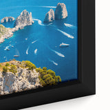 Extra large framed canvas featuring a textured depiction of the Capri coastline in predominantly black with colorful accents.