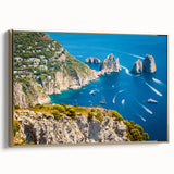 Framed canvas depicting a vintage-style landscape of Capri, Italy in muted gold and black tones, ideal for bedroom wall art.