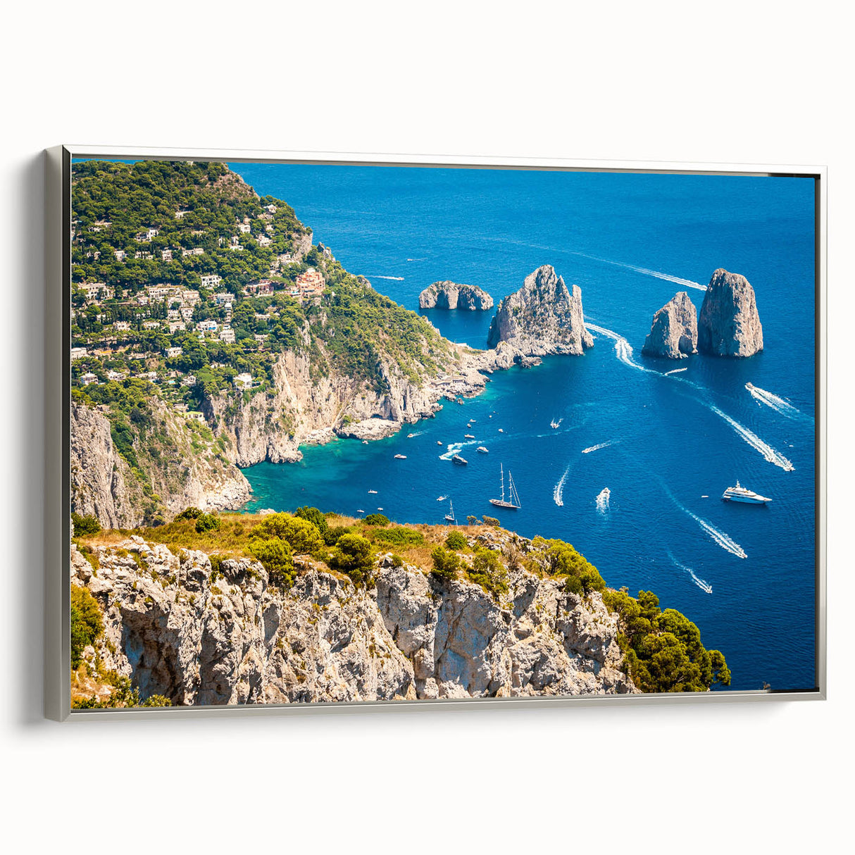 Landscape art painting of Capri, Italy with colorful buildings on framed canvas, ideal for a living room.