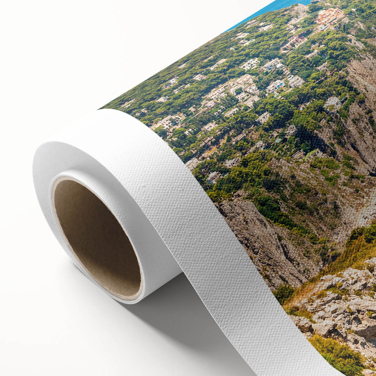 Art Deco poster of Capri, Italy with vibrant blue and white tones on rolled canvas.