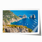 Rolled canvas print depicting a serene Capri landscape in soft pastel tones, suitable for dining room or bathroom decor.