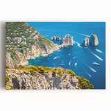 Black and white photograph of Capri coastline on stretched canvas, ideal for kitchen wall art or bedroom ambiance.