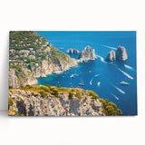 Black and white photograph of Capri, Italy on stretched canvas, ideal for kitchen wall art.