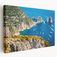 Stretched canvas featuring a scenic Capri landscape in vibrant blue and green tones, ideal for kitchen wall art.