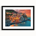 Extra large framed print of abstract Cinque Terre scenery with colorful, textured art style, ideal for living room decor.