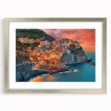 Extra large wall art of Cinque Terre with textured abstract prints in pastel shades, framed with a silver mat.