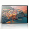 Framed acrylic print of Cinque Terre with vibrant coastal hues, ideal for modern art wall decor.