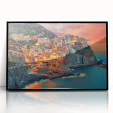Framed acrylic print of Cinque Terre with vibrant coastal hues, ideal for modern art wall decor.