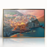 Framed acrylic print of Cinque Terre with pastel-colored buildings and serene blue sea, ideal for modern art wall decor.