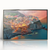 Framed acrylic print of Cinque Terre with muted pastel shades, ideal for modern art wall decor.