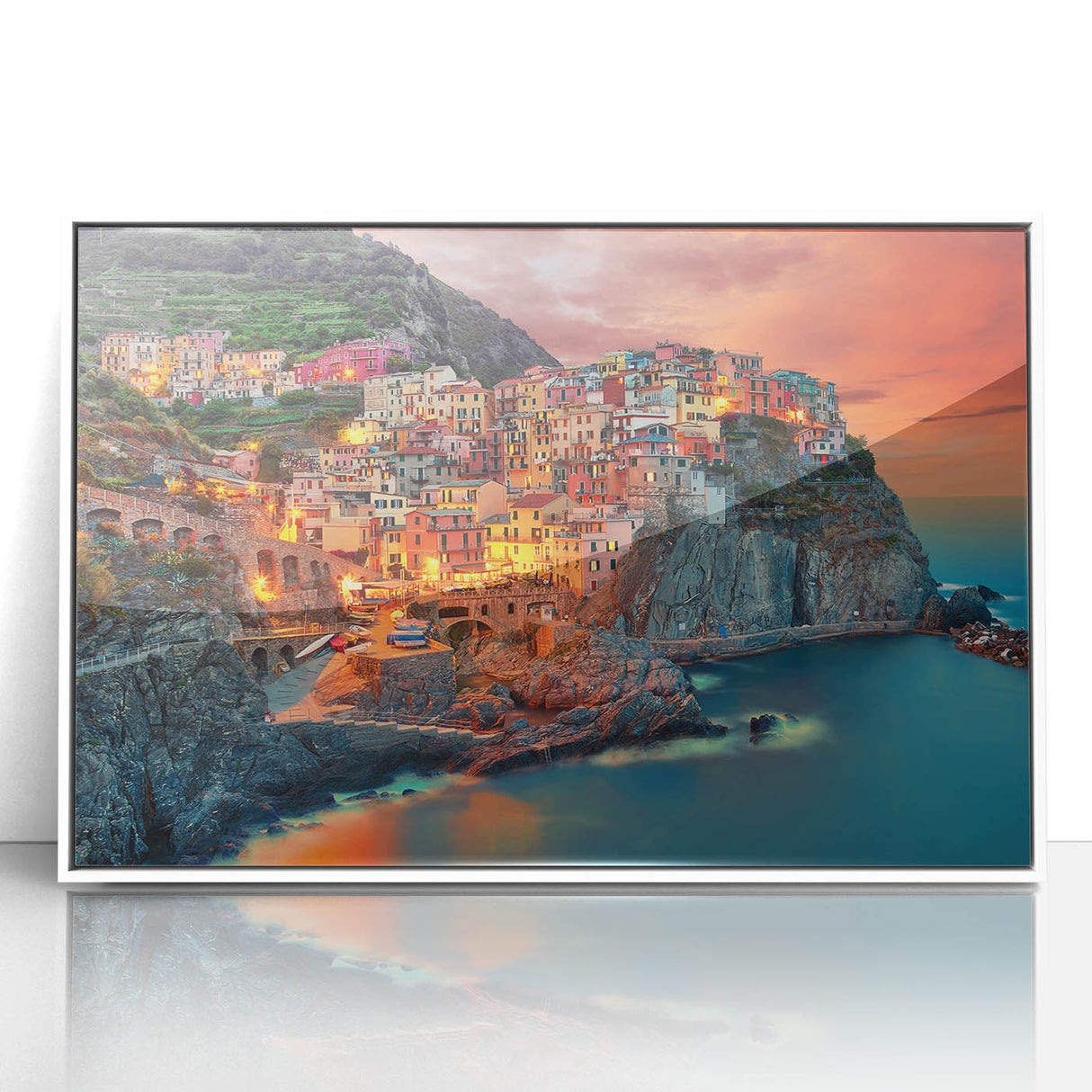 Framed acrylic print of Cinque Terre with pastel-colored houses and blue sea, in a mid-century modernist style.