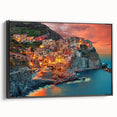 Black and white framed canvas of Cinque Terre landscape, ideal for bedroom wall art.