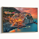Framed canvas of Cinque Terre landscape in vintage poster style with muted earth tones, ideal for bedroom wall art.