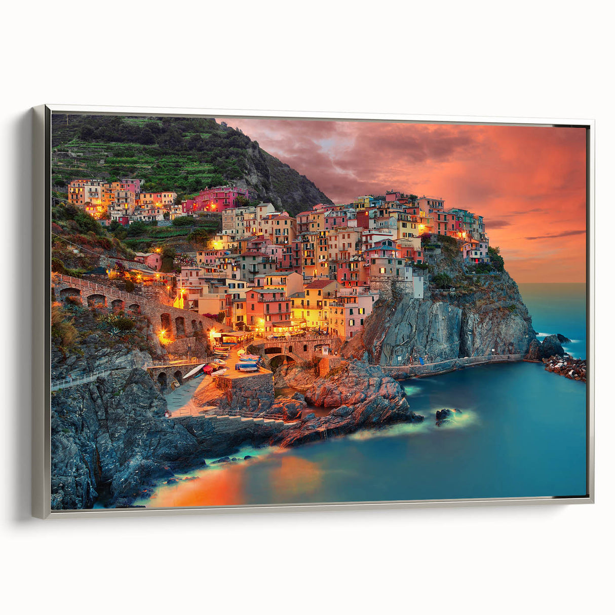 Framed canvas landscape art painting of Cinque Terre with vibrant coastal colors, ideal for living room decor.