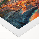 Art deco poster of Cinque Terre scenery in pastel shades on rolled canvas, ideal for dining room decor.