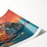 Extra large wall art featuring a line art of flowers over a muted image of Cinque Terre, printed on rolled canvas.