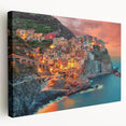 Vivid depiction of Cinque Terre, Italy on stretched canvas, featuring bright coastal colors, suited for kitchen wall art.