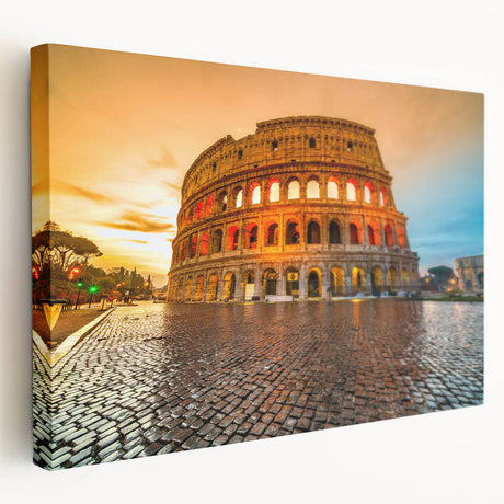 Side view of the Colosseum in Rome on stretched canvas, depicted in warm earth tones, suitable for kitchen wall art.