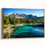 Framed canvas landscape painting of the Dolomites in muted earth tones, ideal for bedroom wall art.