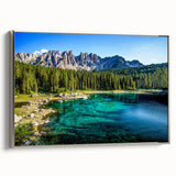 Framed canvas depicting a landscape art painting of the Dolomites in Italy, with vibrant green and blue tones.