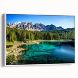 Vintage poster art depicting the Dolomites in muted colors, framed canvas, ideal for living room decor.