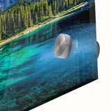 Mid-century modernist acrylic print depicting abstract Dolomites scenery in muted earth tones, ideal for dining room art.