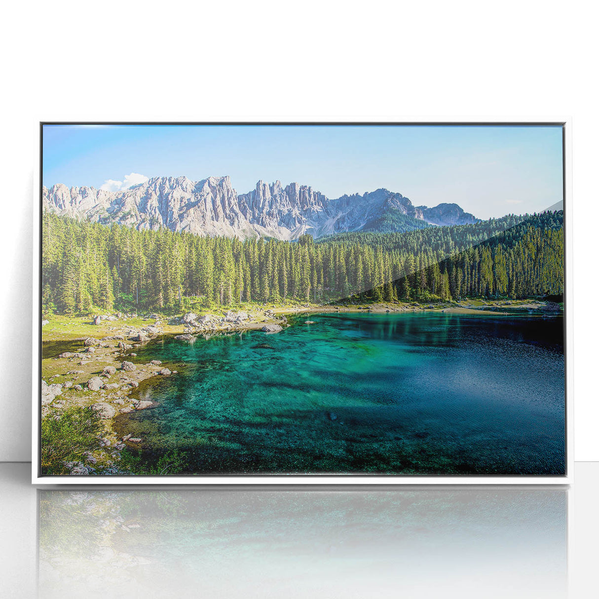 Acrylic print of the Dolomites in Italy with calm green and blue tones, ideal for modern art wall decor.